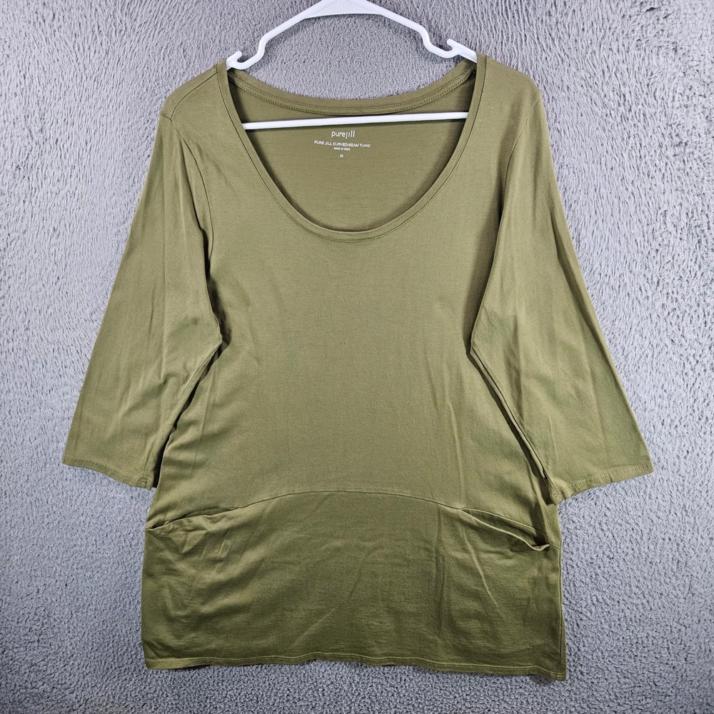 Pure Jill Curved-Seam Tunic Olive Green 100% Pima‎ Cotton 3/4 Sleeve Medium